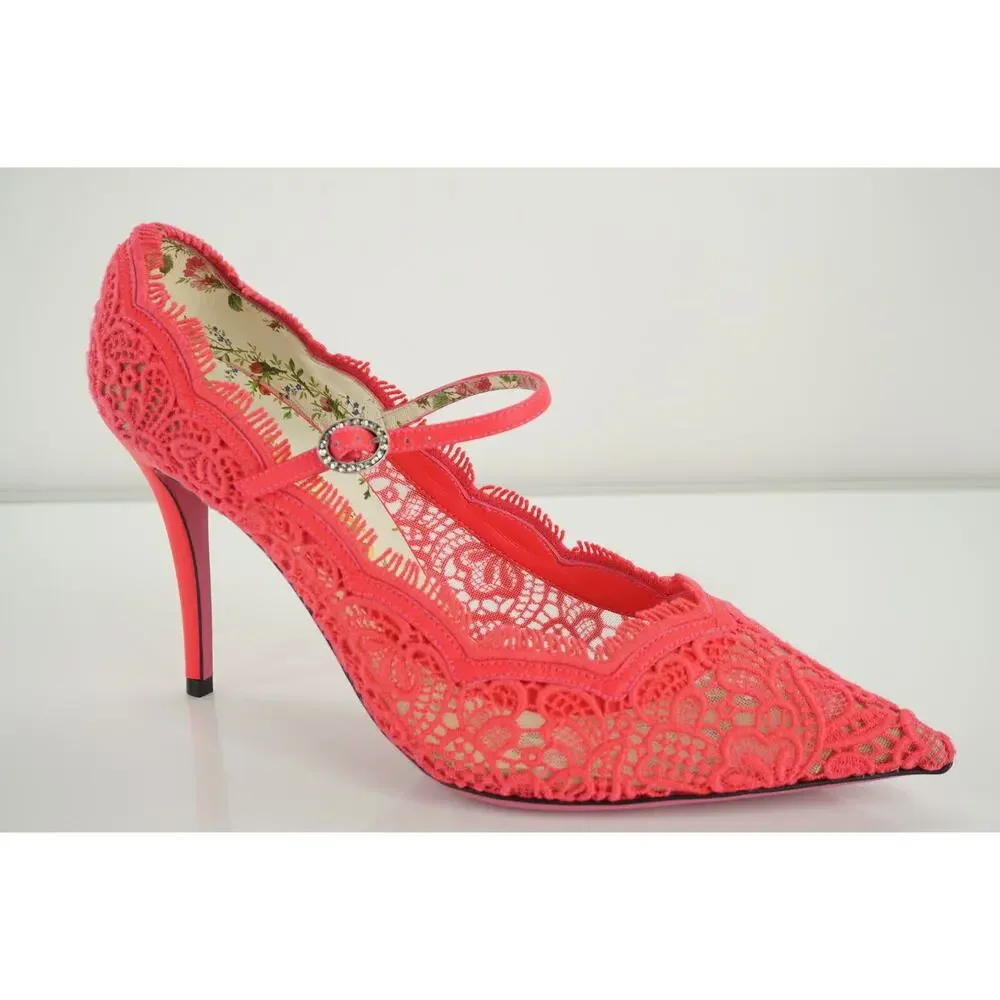 Gucci Virgina 95 Pink Lace Pointed Toe Pumps MJ Strap Size 39.5 NIB $1100 Neon